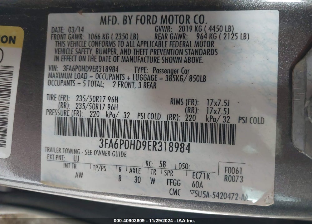 2014 FORD FUSION VIN: 3FA6P0HD9ER318984