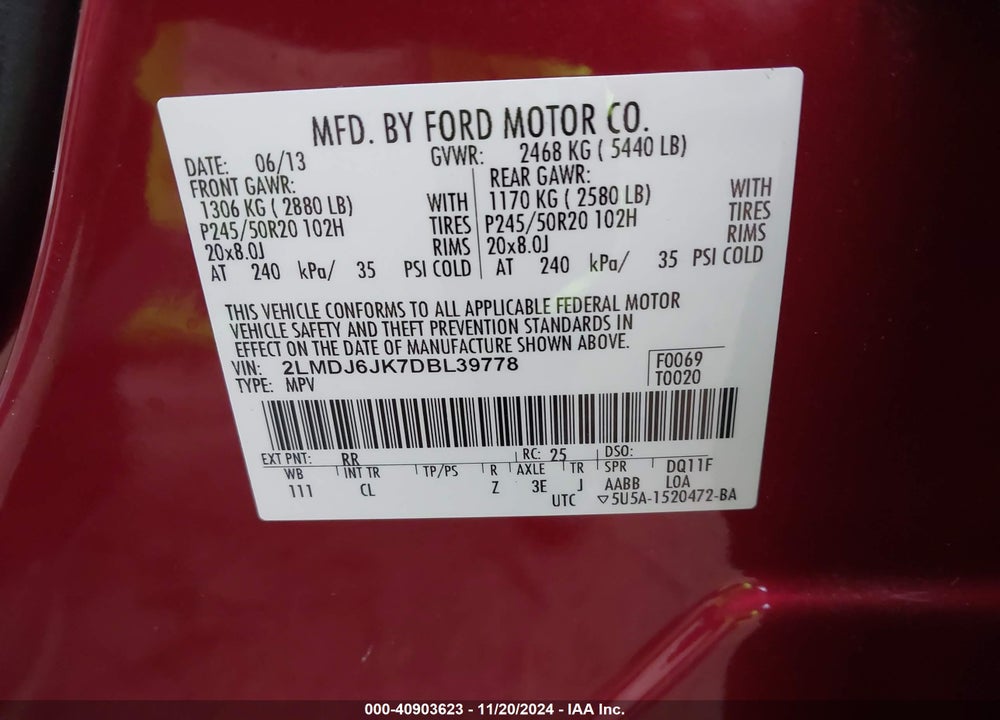 2013 LINCOLN MKX VIN: 2LMDJ6JK7DBL39778
