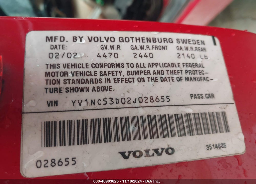 2002 VOLVO C70 HT VIN: YV1NC53D02J028655