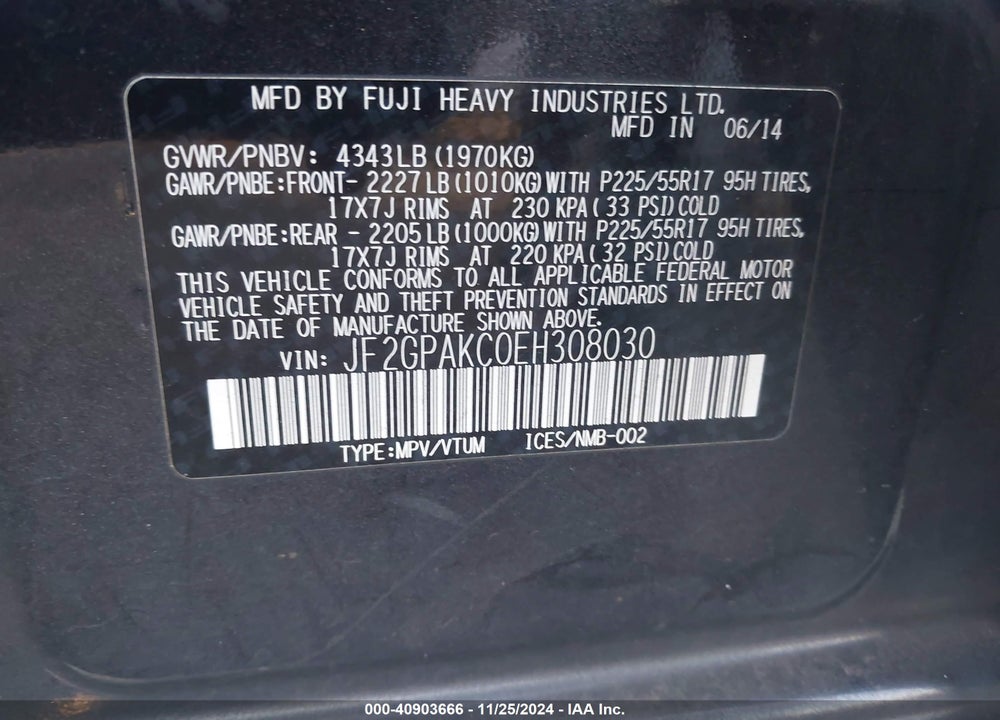 2014 SUBARU XV CROSSTREK 2.0I LIMITED VIN: JF2GPAKC0EH308030