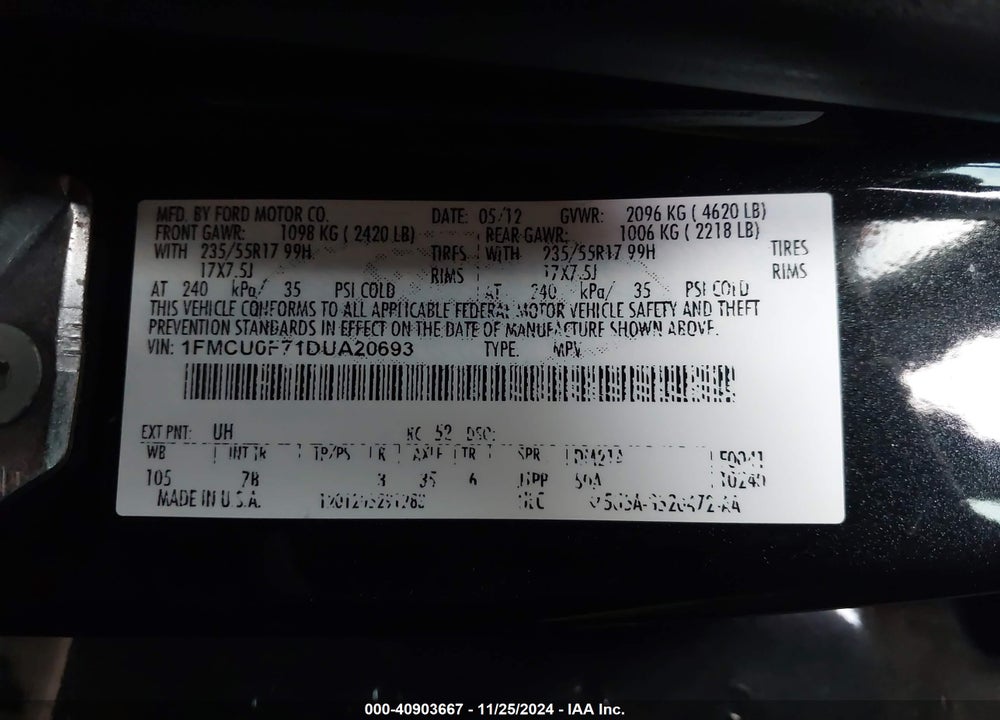 2013 FORD ESCAPE S VIN: 1FMCU0F71DUA20693