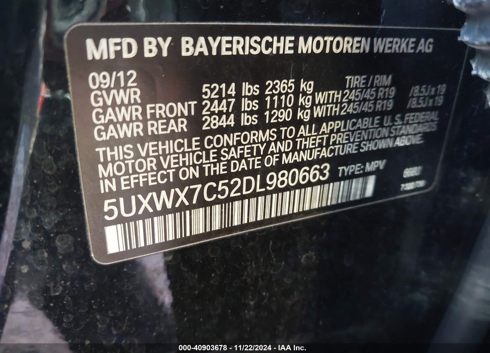 2013 BMW X3 XDRIVE35I VIN: 5UXWX7C52DL980663
