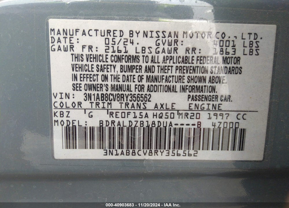 2024 NISSAN SENTRA SV XTRONIC CVT VIN: 3N1AB8CV8RY356562