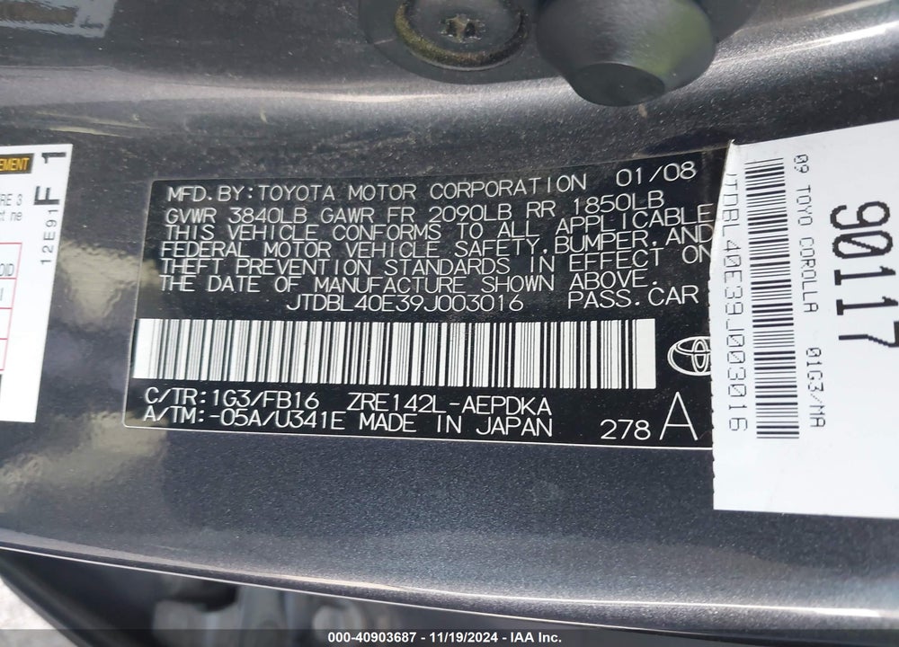 2009 TOYOTA COROLLA VIN: JTDBL40E39J003016
