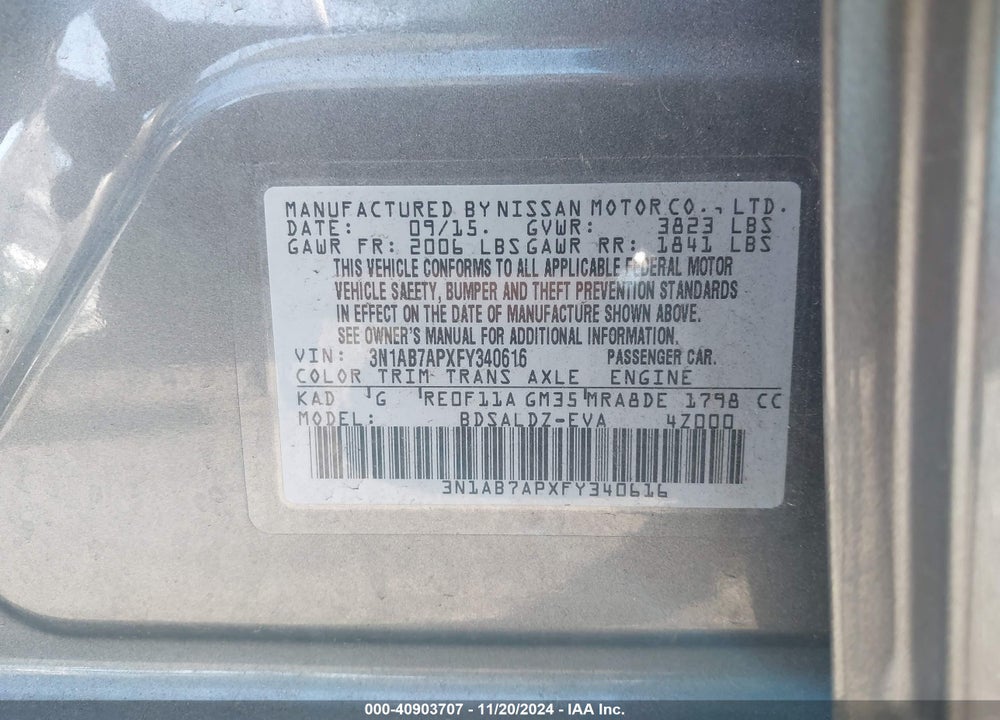 2015 NISSAN SENTRA SV VIN: 3N1AB7APXFY340616