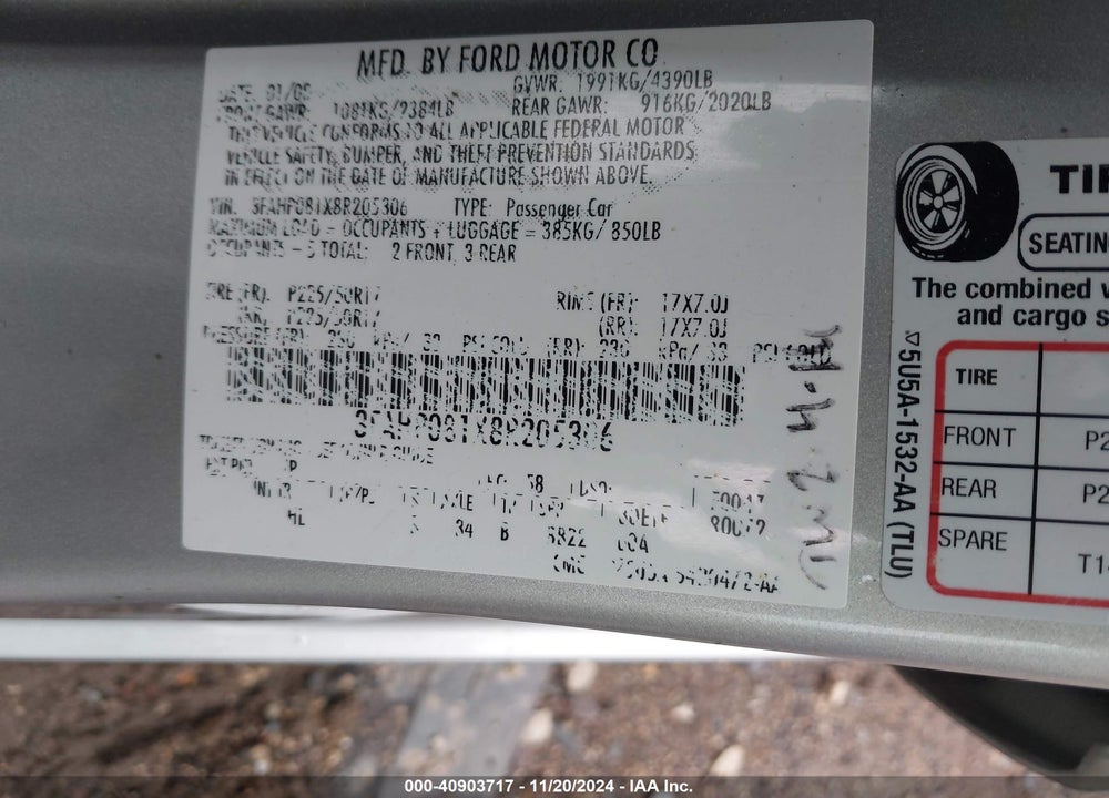 2008 FORD FUSION SEL VIN: 3FAHP081X8R205306