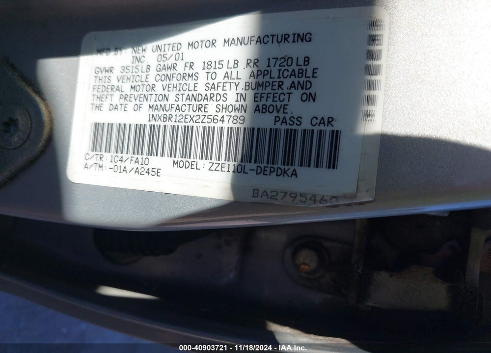 2002 TOYOTA COROLLA LE VIN: 1NXBR12EX2Z564789