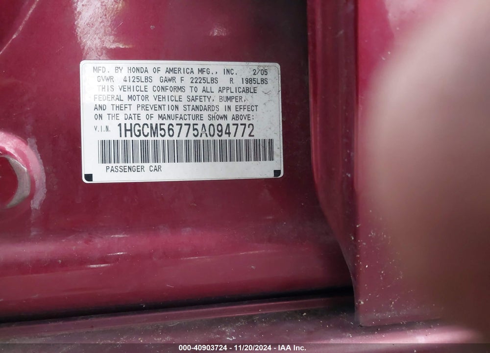 2005 HONDA ACCORD 2.4 EX VIN: 1HGCM56775A094772