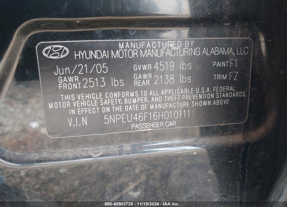 2006 HYUNDAI SONATA GLS V6/LX V6 VIN: 5NPEU46F16H010111