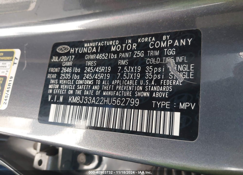 2017 HYUNDAI TUCSON VALUE VIN: KM8J33A22HU562799