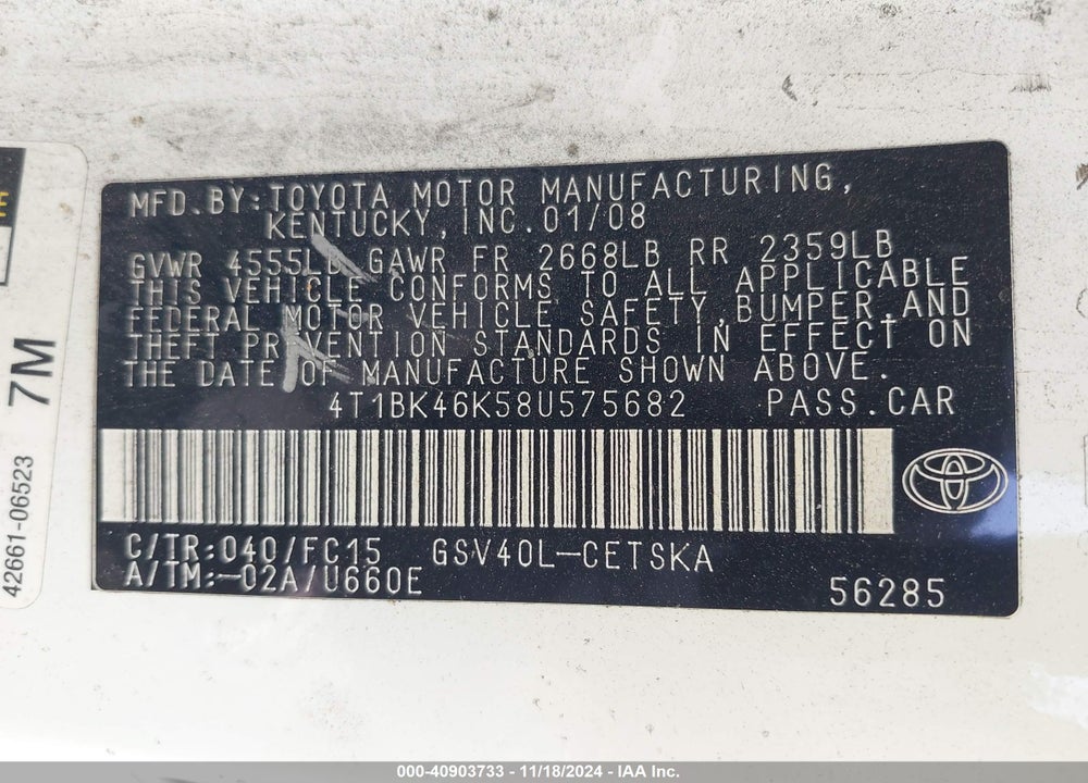 2008 TOYOTA CAMRY SE V6 VIN: 4T1BK46K58U575682