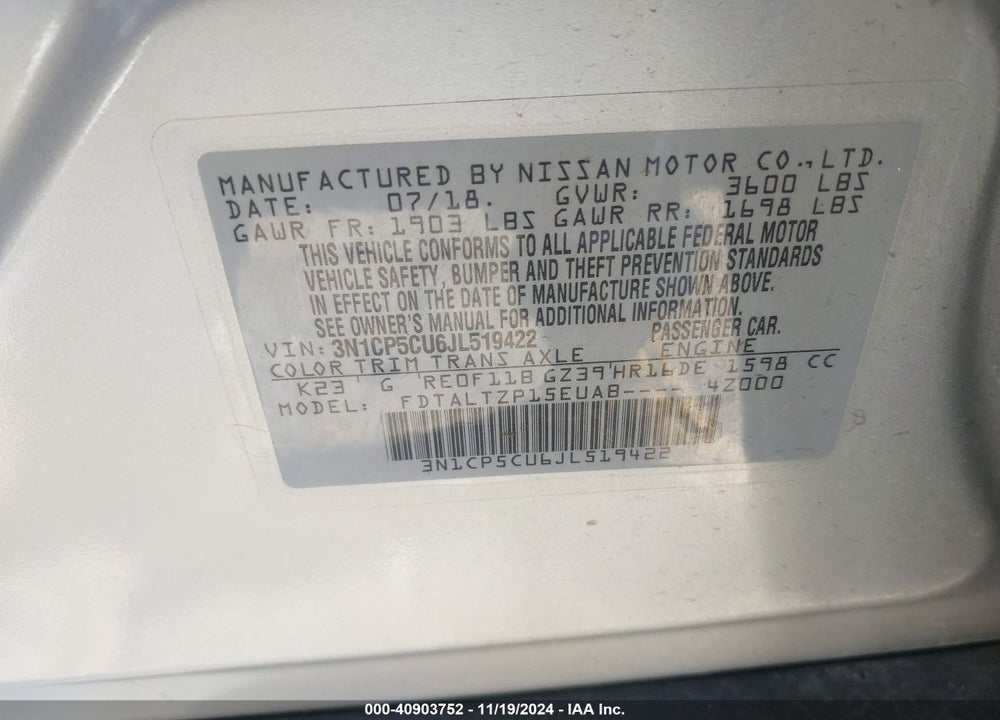 2018 NISSAN KICKS SR VIN: 3N1CP5CU6JL519422