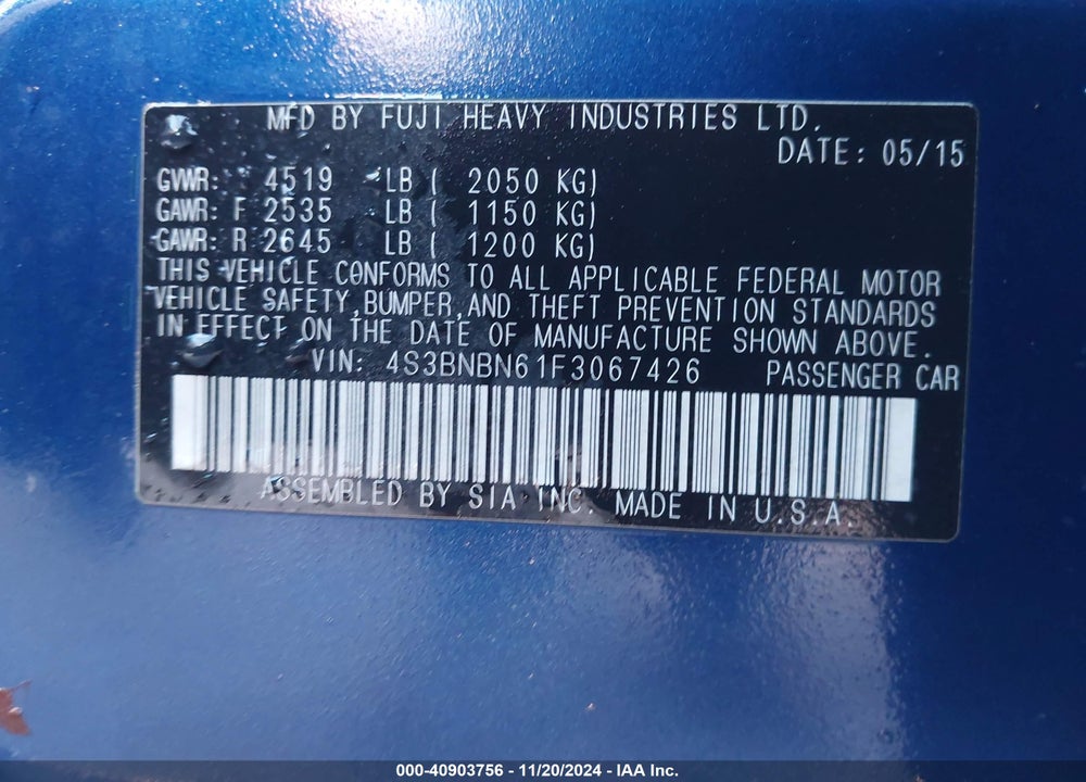 2015 SUBARU LEGACY 2.5I LIMITED VIN: 4S3BNBN61F3067426