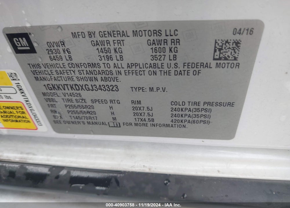2016 GMC ACADIA DENALI VIN: 1GKKVTKDXGJ343323