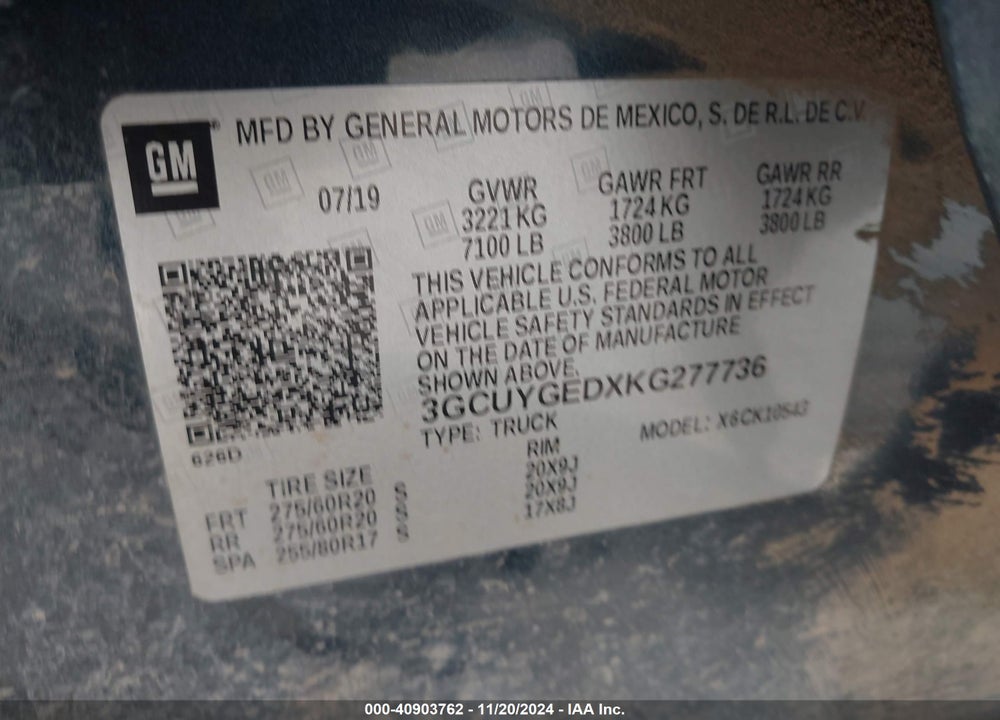 2019 CHEVROLET SILVERADO 1500 LTZ VIN: 3GCUYGEDXKG277736