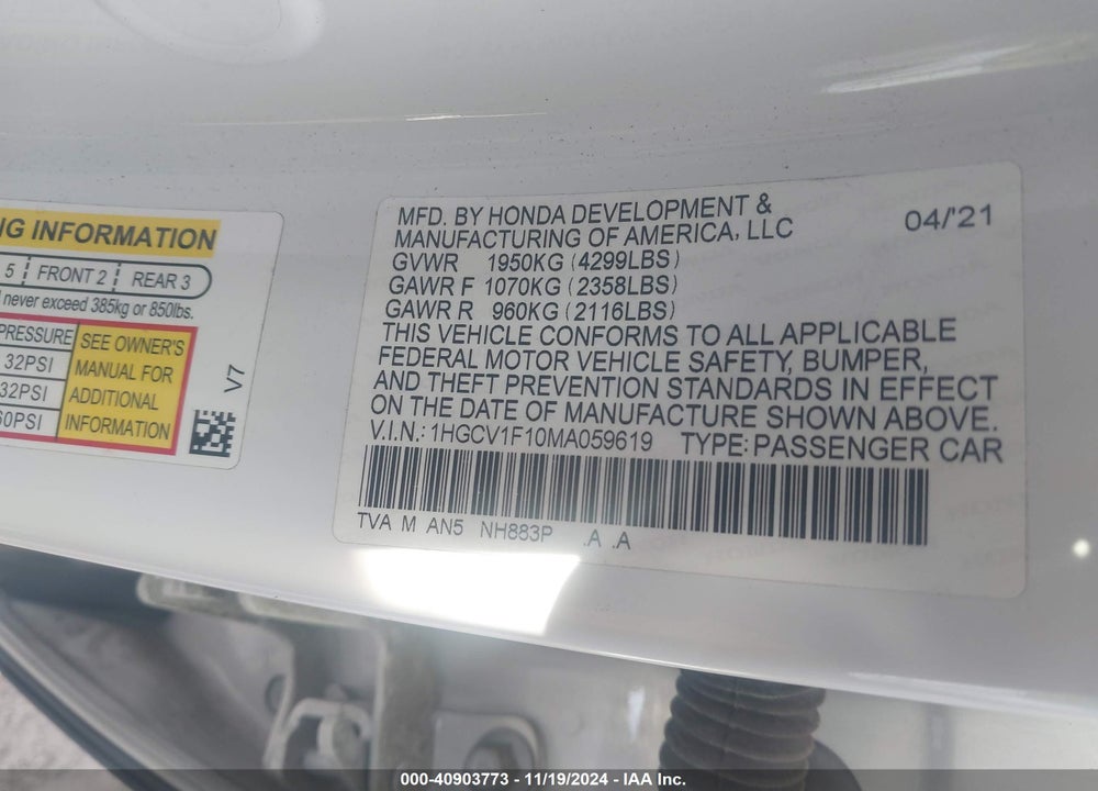 2021 HONDA ACCORD LX VIN: 1HGCV1F10MA059619