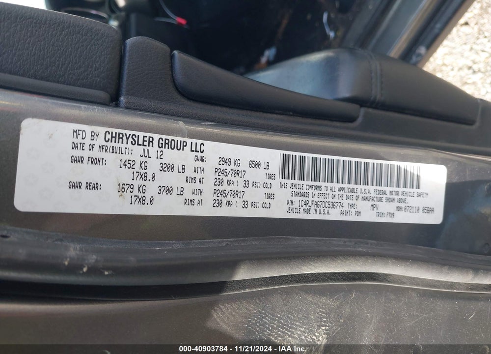2013 JEEP GRAND CHEROKEE LAREDO VIN: 1C4RJFAG7DC536774