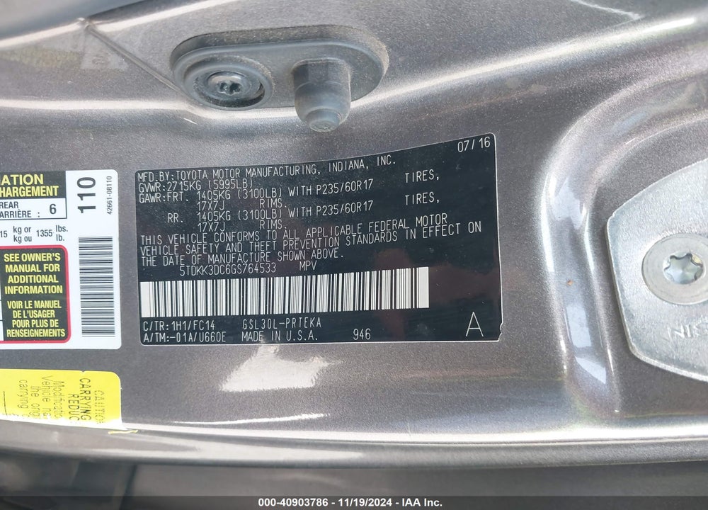 2016 TOYOTA SIENNA LE 8 PASSENGER VIN: 5TDKK3DC6GS764533