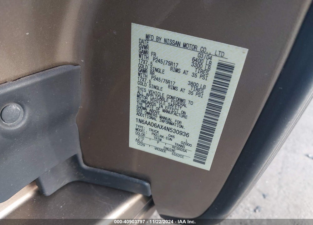 2004 NISSAN TITAN XE VIN: 1N6AA06AX4N530936