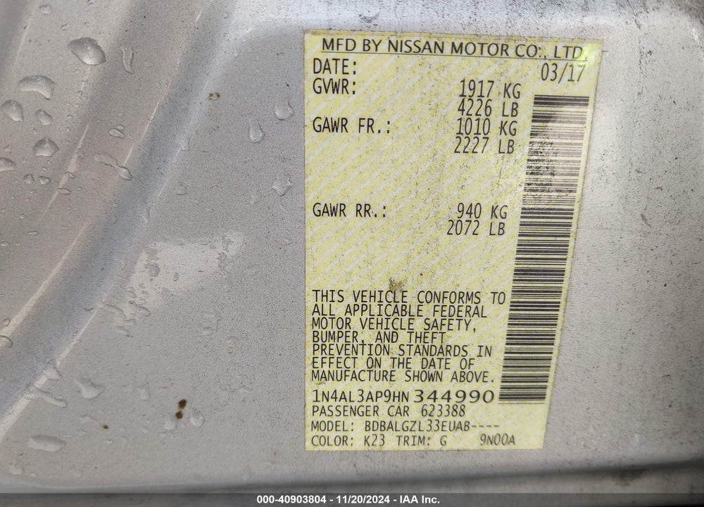 2017 NISSAN ALTIMA 2.5 S VIN: 1N4AL3AP9HN344990