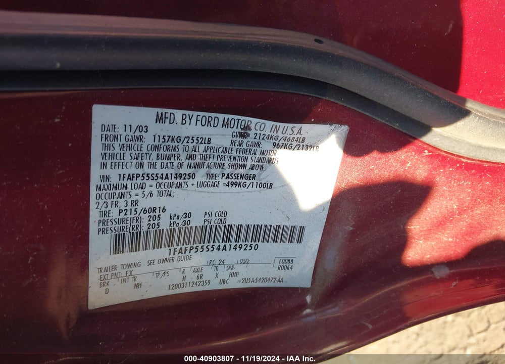 2004 FORD TAURUS SES VIN: 1FAFP55S54A149250