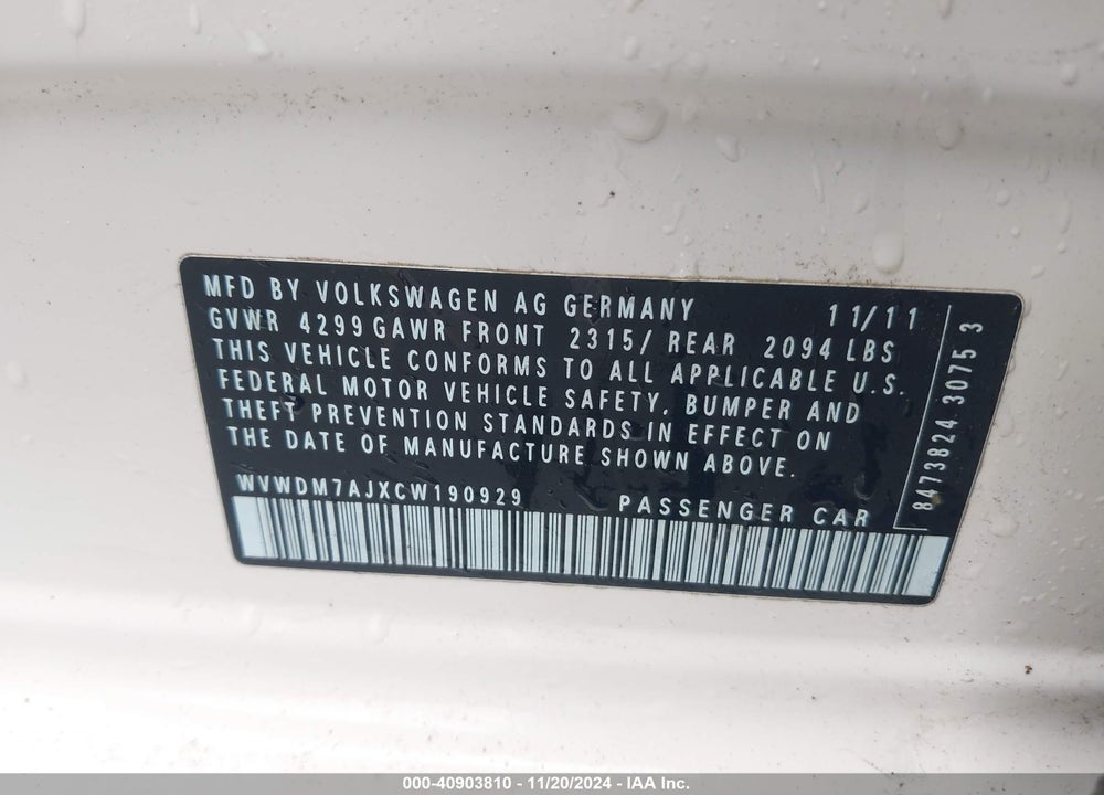 2012 VOLKSWAGEN GOLF TDI 4-DOOR VIN: WVWDM7AJXCW190929