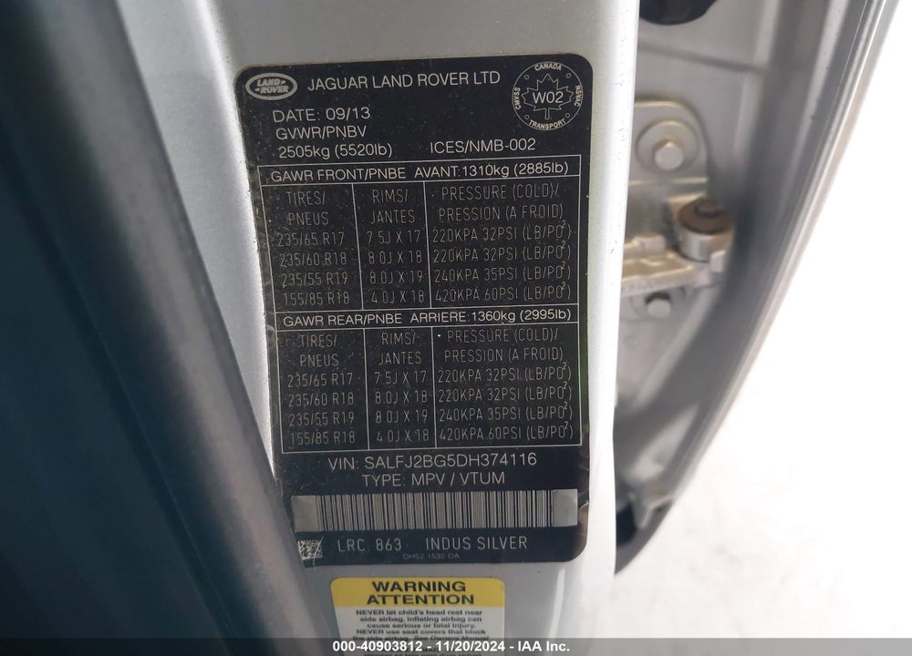2013 LAND ROVER LR2 VIN: SALFJ2BG5DH374116
