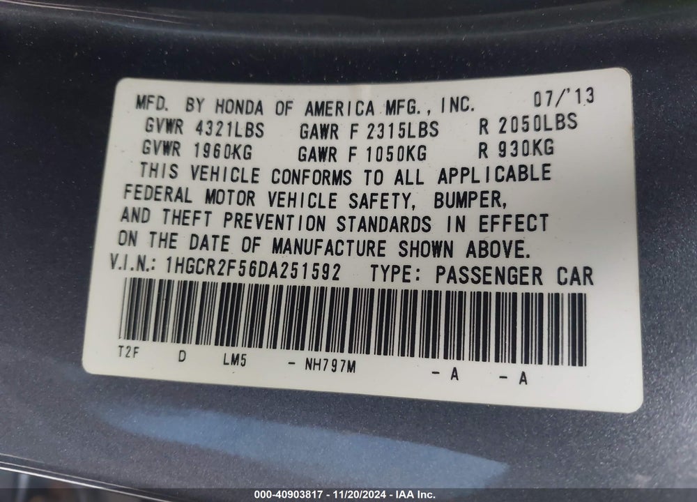 2013 HONDA ACCORD SPORT VIN: 1HGCR2F56DA251592