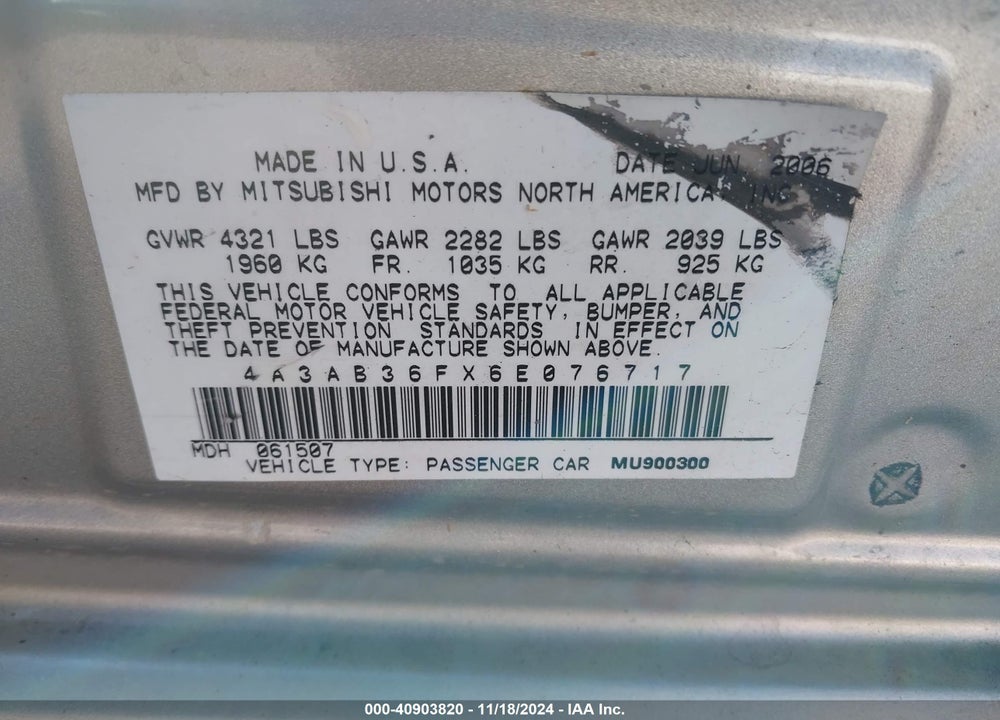 2006 MITSUBISHI GALANT ES/SE VIN: 4A3AB36FX6E076717