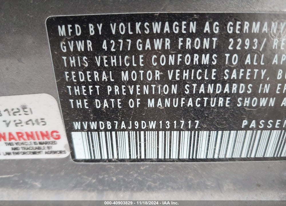 2013 VOLKSWAGEN GOLF 2.5L 4-DOOR VIN: WVWDB7AJ9DW131717