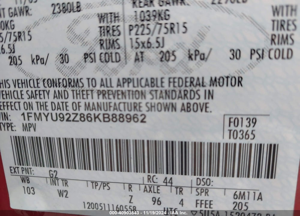 2006 FORD ESCAPE VIN: 1FMYU92Z86KB88962