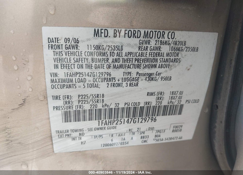 2007 FORD FIVE HUNDRED LIMITED VIN: 1FAHP25147G129796