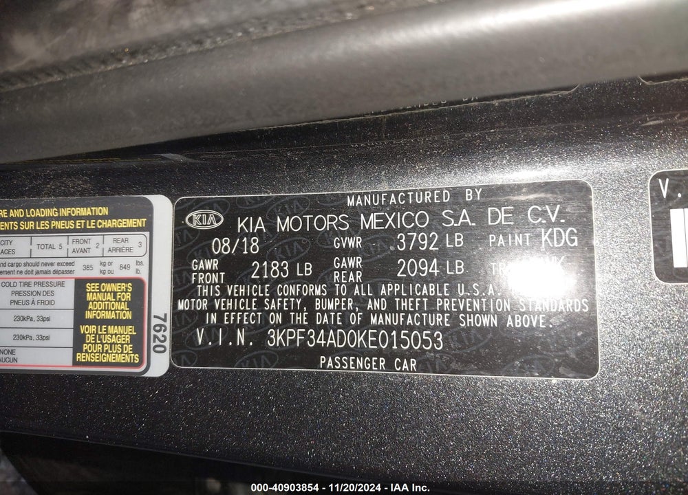 2019 KIA FORTE VIN: 3KPF34AD0KE015053