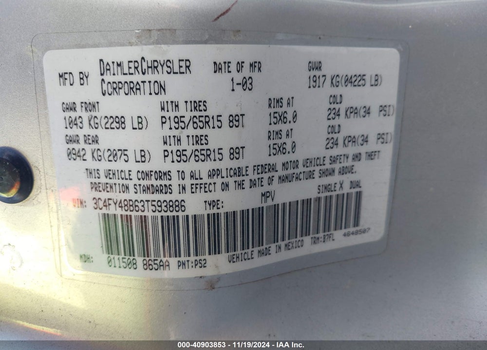 2003 CHRYSLER PT CRUISER VIN: 3C4FY48B63T593886
