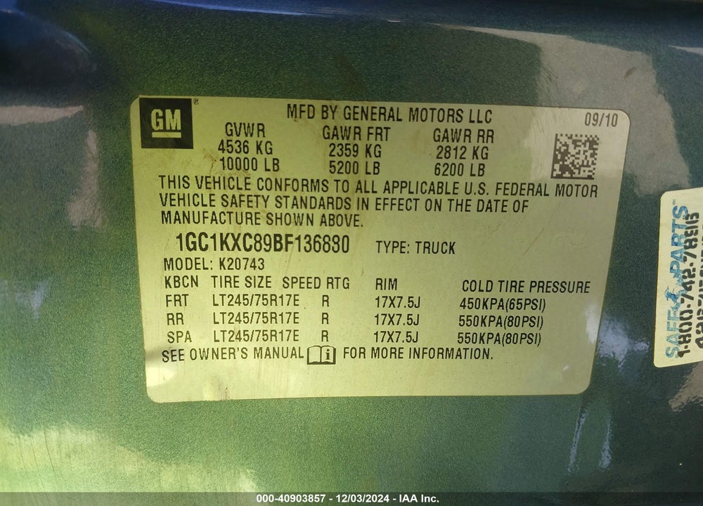 2011 CHEVROLET SILVERADO 2500HD LT VIN: 1GC1KXC89BF136880