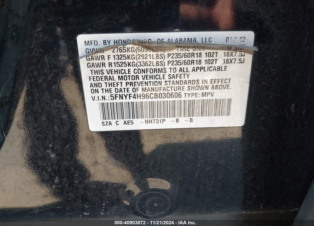 2012 HONDA PILOT TOURING VIN: 5FNYF4H96CB030606