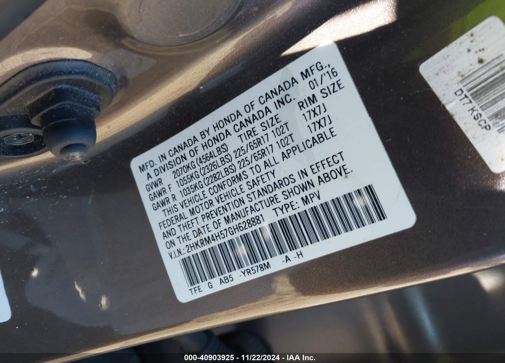 2016 HONDA CR-V EX VIN: 2HKRM4H57GH628881