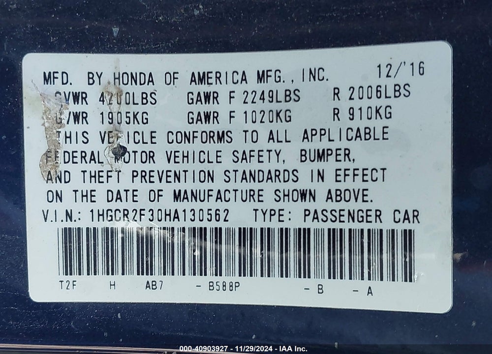 2017 HONDA ACCORD SEDAN LX W/CO VIN: 1HGCR2F30HA130562