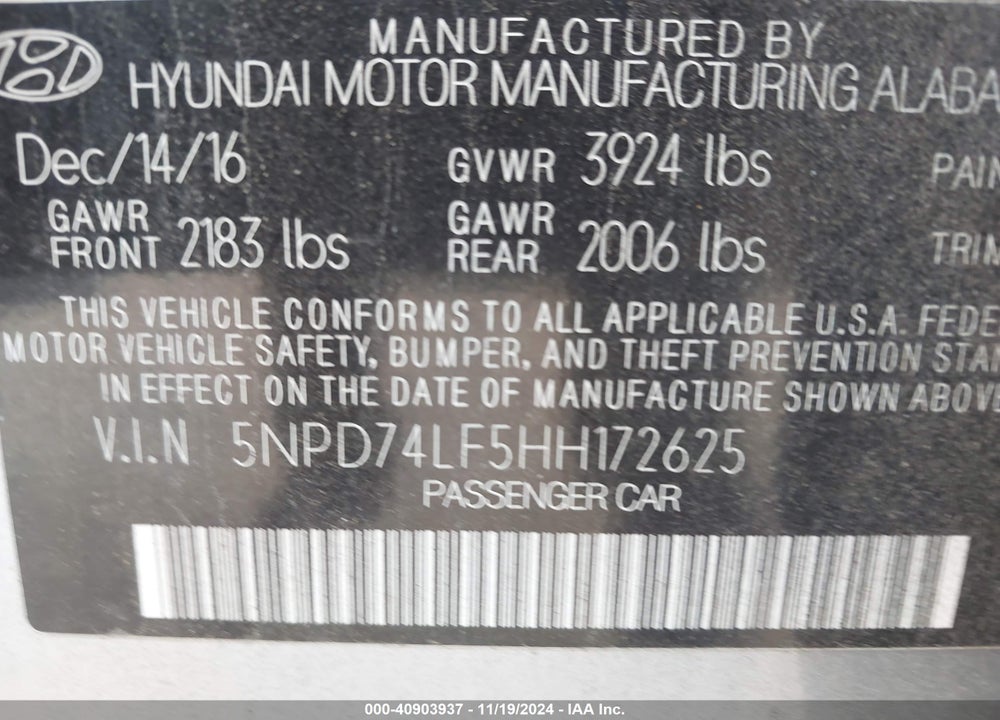 2017 HYUNDAI ELANTRA SE VIN: 5NPD74LF5HH172625