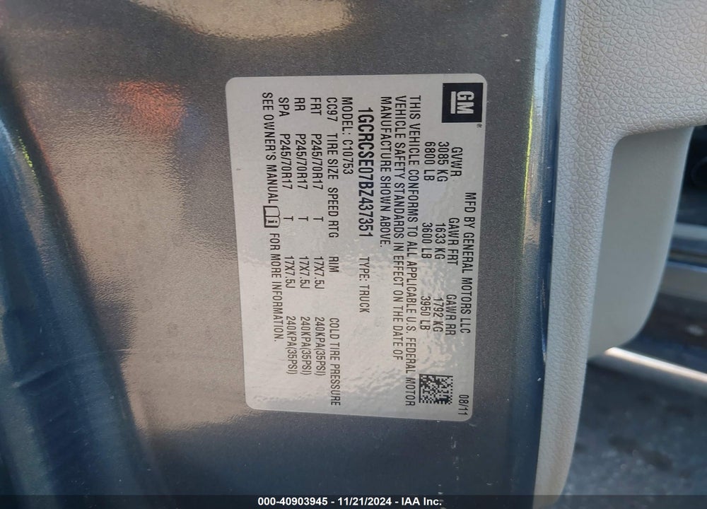 2011 CHEVROLET SILVERADO 1500 LT VIN: 1GCRCSE07BZ437351