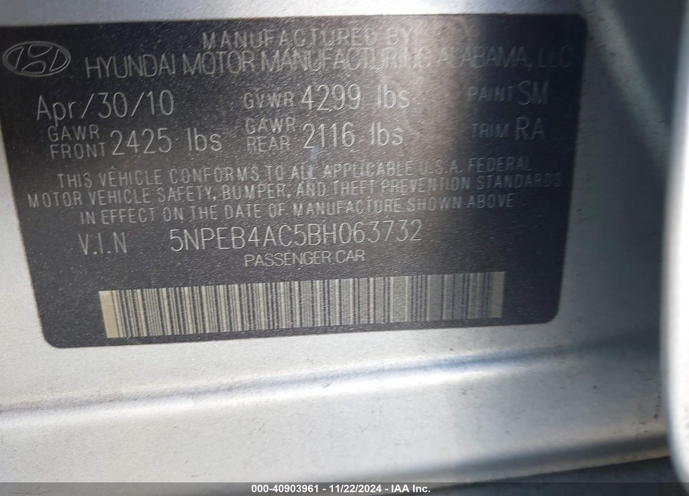 2011 HYUNDAI SONATA GLS VIN: 5NPEB4AC5BH063732