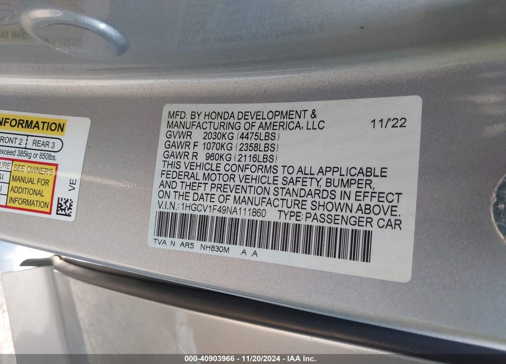 2022 HONDA ACCORD VIN: 1HGCV1F49NA111860