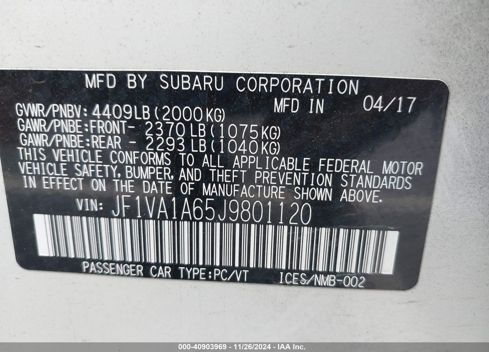 2018 SUBARU WRX VIN: JF1VA1A65J9801120