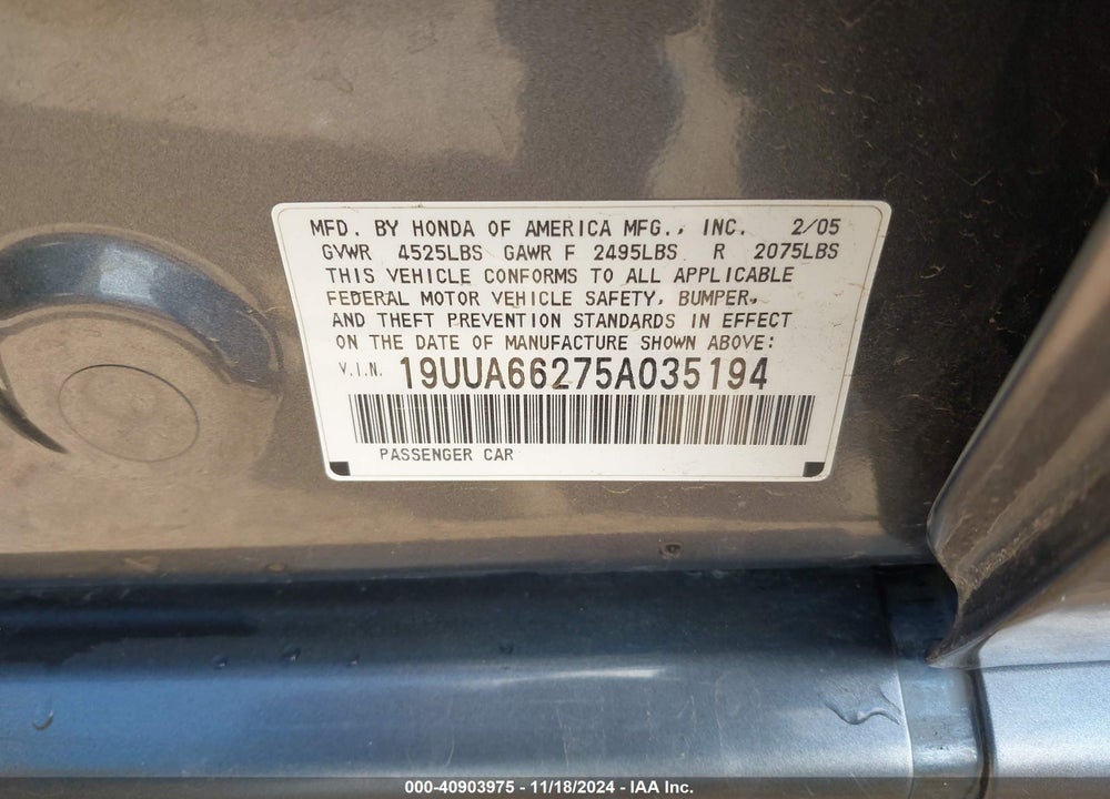2005 ACURA TL VIN: 19UUA66275A035194