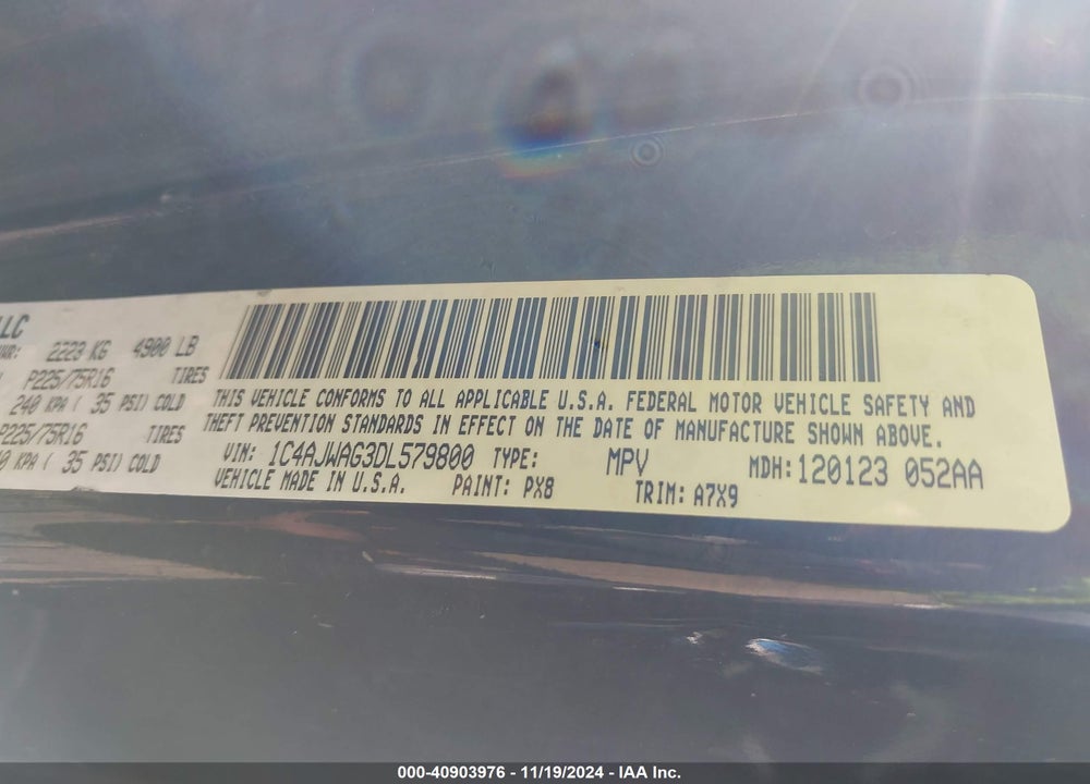 2013 JEEP WRANGLER SPORT VIN: 1C4AJWAG3DL579800