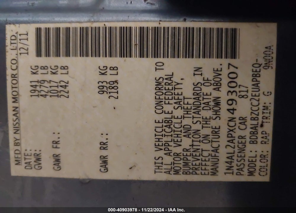 2012 NISSAN ALTIMA 2.5 S VIN: 1N4AL2APXCN493007
