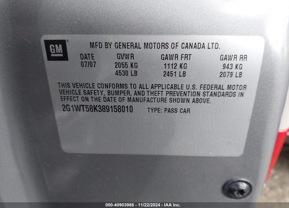 2008 CHEVROLET IMPALA LT VIN: 2G1WT58K389158010