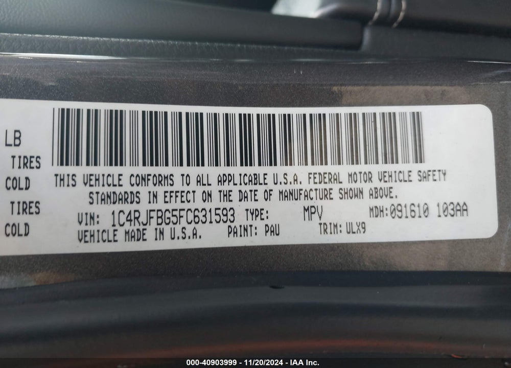 2015 JEEP GRAND CHEROKEE LIMITED VIN: 1C4RJFBG5FC631593