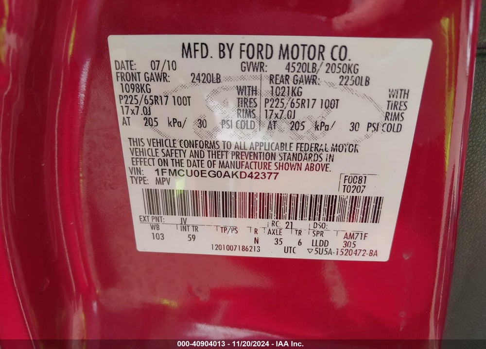 2010 FORD ESCAPE LIMITED VIN: 1FMCU0EG0AKD42377