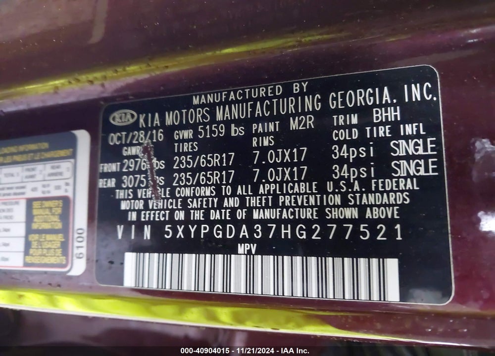 2017 KIA SORENTO 2.4L LX VIN: 5XYPGDA37HG277521